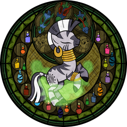 Size: 3600x3600 | Tagged: safe, artist:akili-amethyst, apple bloom, pinkie pie, zecora, earth pony, pony, zebra, dive to the heart, kingdom hearts, solo, stained glass