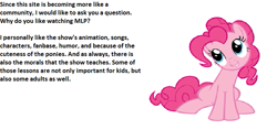 Size: 767x361 | Tagged: safe, pinkie pie, earth pony, pony, discussion, meta, solo, text