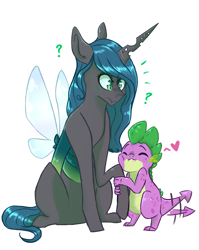 Size: 1512x1900 | Tagged: safe, artist:shiny-cooler, queen chrysalis, spike, changeling, changeling queen, dragon, baby, baby dragon, chryspike, cute, cutealis, female, heart, hug, leg hug, male, question mark, raised hoof, shipping, simple background, sitting, spikabetes, spikelove, straight, tail wag, white background