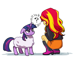 Size: 800x600 | Tagged: dead source, safe, artist:baekgup, sunset shimmer, twilight sparkle, sheep, equestria girls, annoyed, blushing, cute, female, floppy ears, frown, glare, question mark, simple background, species swap, sweatdrop, twilight sheeple, wavy mouth, white background