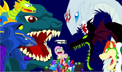 Size: 1294x767 | Tagged: safe, artist:terry, fluttershy, dragon, kaiju, pegasus, pony, bahamut, blue-eyes white dragon, bowser, crossover, godzilla, godzilla (series), maleficent, mecha dragon, megaman, super mario bros., this will end in pain and/or tears and/or death, this will not end well, yu-gi-oh!
