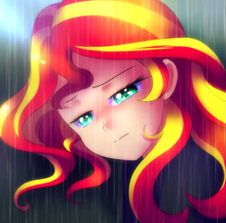 Size: 1091x1080 | Tagged: dead source, safe, artist:jacky-bunny, sunset shimmer, human, beautiful, bust, crying, female, humanized, portrait, rain, sad, solo, sunsad shimmer, teary eyes