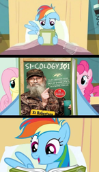 Size: 600x1033 | Tagged: safe, derpibooru import, edit, edited screencap, screencap, fluttershy, pinkie pie, rainbow dash, earth pony, pegasus, pony, read it and weep, bed, book, comic, duck dynasty, exploitable meme, hospital bed, meme, reading rainbow, screencap comic, si
