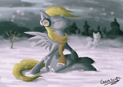 Size: 1024x726 | Tagged: safe, artist:gaiascope, derpy hooves, pegasus, pony, clothes, female, mare, scarf, snow, snowfall