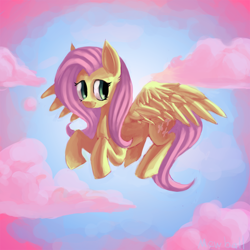 Size: 1000x1000 | Tagged: safe, artist:mewball, fluttershy, pegasus, pony, cloud, cloudy, flying, smiling, solo