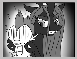 Size: 1028x786 | Tagged: safe, artist:loreto-arts, edit, queen chrysalis, spike, changeling, changeling queen, dragon, comic:friendship is innuendo, aura, cheek pinch, comic, monochrome, sweat, this will end in tears and/or death