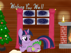 Size: 751x564 | Tagged: safe, artist:fluttershyfree, derpibooru import, spike, twilight sparkle, dragon, christmas