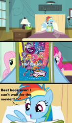 Size: 602x1022 | Tagged: safe, derpibooru import, edit, edited screencap, screencap, applejack, dj pon-3, fluttershy, pinkie pie, rainbow dash, rarity, twilight sparkle, vinyl scratch, equestria girls, rainbow rocks, read it and weep, book, comic, hub logo, humane five, humane six, meme, ponied up, reading rainbow, screencap comic