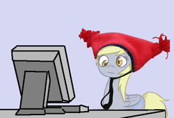 Size: 550x375 | Tagged: safe, artist:xieril, derpy hooves, pegasus, pony, computer, female, hat, mare, reaction image, silly hat, solo