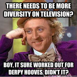 Size: 310x310 | Tagged: safe, derpy hooves, human, all caps, condescending wonka, derpygate, image macro, impact font, irl, meme, photo