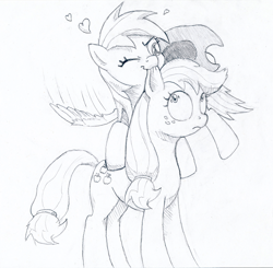 Size: 1734x1701 | Tagged: safe, artist:friendshipishorses, derpibooru import, applejack, rainbow dash, earth pony, pegasus, pony, appledash, atg 2017, biting, cowboy hat, duo, ear bite, female, grayscale, hat, heart, lesbian, mare, monochrome, newbie artist training grounds, shipping, simple background, traditional art, white background