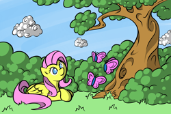 Size: 1200x800 | Tagged: dead source, safe, artist:oblivinite, fluttershy, butterfly, pegasus, pony, female, mare, smiling, solo, tree