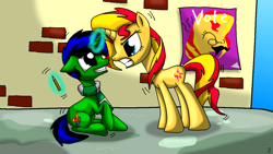 Size: 1024x576 | Tagged: safe, artist:lupiarts, sunset shimmer, oc, oc:lupi, pony, unicorn