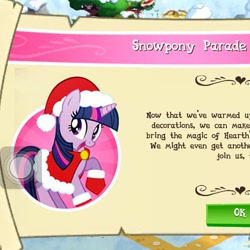 Size: 612x612 | Tagged: safe, derpibooru import, twilight sparkle, christmas, clothes, gameloft, hat, hearth's warming eve, santa costume, santa hat, snow