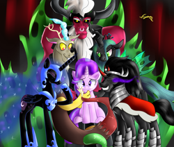 Size: 2600x2200 | Tagged: safe, artist:katakiuchi4u, discord, king sombra, lord tirek, nightmare moon, queen chrysalis, starlight glimmer, alicorn, changeling, changeling queen, draconequus, pony, unicorn, season 7, antagonists six, countdown to season 7, every villain, high res