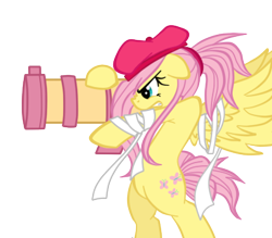 Size: 400x350 | Tagged: safe, artist:oathkeeper21, fluttershy, pegasus, pony, alternate hairstyle, badass, beret, bipedal, cannon, flutterbadass, hat, ponytail, rocket launcher, solo, weapon