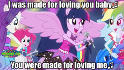 Size: 720x405 | Tagged: safe, derpibooru import, applejack, fluttershy, pinkie pie, rainbow dash, rarity, twilight sparkle, equestria girls, rainbow rocks, i was made for loving you, kiss (band), lyrics, meme, music, musical instrument, song reference