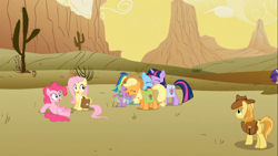 Size: 1366x768 | Tagged: safe, derpibooru import, screencap, applejack, braeburn, fluttershy, pinkie pie, rainbow dash, rarity, spike, twilight sparkle, dragon, earth pony, pegasus, pony, unicorn, over a barrel, desert