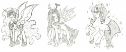 Size: 2614x1102 | Tagged: safe, artist:rossmaniteanzu, king sombra, nightmare moon, queen chrysalis, changeling, changeling queen, pony, unicorn, traditional art, wip