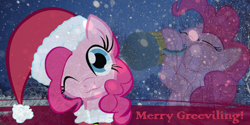 Size: 500x250 | Tagged: safe, pinkie pie, earth pony, pony, christmas ponies, cider, dota 2, hat, one eye closed, santa hat, wink