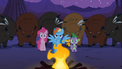 Size: 1366x768 | Tagged: safe, derpibooru import, screencap, pinkie pie, rainbow dash, spike, buffalo, dragon, earth pony, pegasus, pony, over a barrel, campfire, female, male, mare, night, tipi