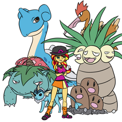 Size: 800x800 | Tagged: safe, artist:wryte, sunset shimmer, equestria girls, clothes, crossover, dugtrio, exeggutor, fearow, lapras, leaf (pokémon), nuzlocke, pokémon, vaporeon, venusaur