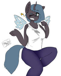 Size: 878x1080 | Tagged: safe, artist:itzdatag0ndray, queen chrysalis, anthro, changeling, changeling queen, anime face, bad anatomy, breasts, cleavage, clothes, ear fluff, female, leggings, one eye closed, simple background, smiling, solo, tanktop, white background, wink