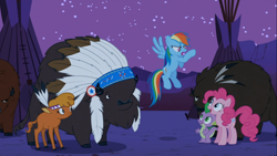 Size: 1366x768 | Tagged: safe, derpibooru import, screencap, chief thunderhooves, little strongheart, pinkie pie, rainbow dash, spike, dragon, earth pony, pegasus, pony, over a barrel, bison, cute, diapinkes, hero dash, rainbow dash is best pony, warrior dash