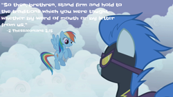 Size: 640x360 | Tagged: safe, derpibooru import, edit, edited screencap, screencap, nightshade, rainbow dash, pegasus, pony, bible, bible verse, christianity, clothes, cloud, costume, duo, female, flying, mare, quote, religion, shadowbolts, shadowbolts costume, text