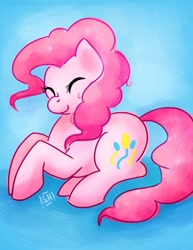 Size: 600x776 | Tagged: safe, artist:steveholt, pinkie pie, earth pony, pony, blue background, eyes closed, female, mare, prone, smiling, solo