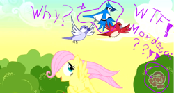 Size: 900x481 | Tagged: safe, artist:sammydavie, edit, edited screencap, screencap, fluttershy, blue jay, pegasus, pony, the cutie mark chronicles, female, filly, flying, mordecai, regular show