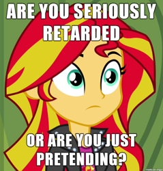 Size: 610x637 | Tagged: safe, sunset shimmer, equestria girls, image macro, meme, reaction image, retarded