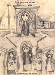 Size: 2432x3304 | Tagged: safe, artist:ilacavgbmjc, captain planet, normal norman, sunset shimmer, sweet leaf, equestria girls, background human, canterlot high, comic, hilarious in hindsight, monochrome, sunset phoenix, traditional art