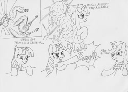 Size: 1280x920 | Tagged: safe, artist:the-ross, derpibooru import, twilight sparkle, unicorn twilight, oc, oc:force magnitude, pony, unicorn, ace attorney, female, frown, lineart, mare, mary sue, miles edgeworth, missile, monochrome, necktie, phoenix wright, traditional art