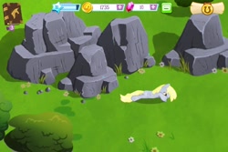 Size: 960x640 | Tagged: safe, derpy hooves, pegasus, pony, female, game screencap, gameloft, mare, planking, prone, rock, solo