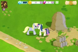 Size: 960x640 | Tagged: safe, bon bon, derpy hooves, sweetie drops, earth pony, pegasus, pony, derpybon, duo, female, game screencap, gameloft, hay bale, haystack, mare