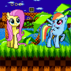 Size: 400x400 | Tagged: dead source, safe, artist:darksupasonic, fluttershy, pegasus, pony, crossover, green hill zone, pixel art, sonic generations, sonic the hedgehog (series)