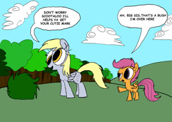 Size: 900x637 | Tagged: safe, artist:joeywaggoner, derpy hooves, scootaloo, pegasus, pony, bush, female, headcanon, mare, sister