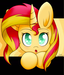 Size: 1500x1745 | Tagged: safe, artist:riouku, sunset shimmer, pony, unicorn, :o, cute, female, leaning, looking at you, mare, shimmerbetes, solo