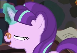 Size: 691x476 | Tagged: safe, screencap, snowfall frost, starlight glimmer, pony, a hearth's warming tail, cropped, euphoric, glasses, invisible stallion, magic, out of context, solo, telekinesis