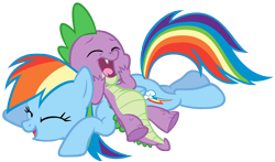 Size: 4000x2350 | Tagged: safe, artist:are-you-jealous, derpibooru import, rainbow dash, spike, dragon, pegasus, pony, friendship is magic, high res, laughing, prone, simple background, transparent background, vector