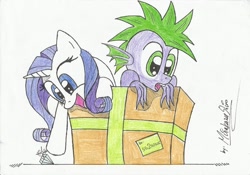 Size: 2484x1739 | Tagged: safe, artist:shirominakazu, rarity, spike, dragon, pony, unicorn, female, male, mare, traditional art