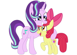 Size: 1936x1400 | Tagged: safe, artist:squipycheetah, apple bloom, starlight glimmer, earth pony, pony, unicorn, crusaders of the lost mark, adorabloom, alternate cutie mark, bow, cute, cutie mark, duo, female, filly, glimmerbetes, hair bow, happy, hug, looking down, looking up, mare, open mouth, raised hoof, simple background, smiling, standing, teeth, the cmc's cutie marks, transparent background