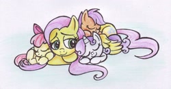Size: 1792x931 | Tagged: safe, artist:ssstawa, apple bloom, fluttershy, scootaloo, sweetie belle, earth pony, pegasus, pony, unicorn, apple bloom's bow, cuddling, cute, cutie mark crusaders, female, filly, foal, horn, mare, orange coat, pink mane, pink tail, red mane, red tail, simple background, sleeping, smiling, snuggling, traditional art, two toned mane, two toned tail, white background, white coat, wings, yellow coat