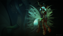 Size: 1920x1080 | Tagged: safe, artist:ikuvaito, queen chrysalis, changeling, changeling queen, crown, fangs, female, green eyes, green mane, horn, jewelry, regalia, solo, transparent wings, wallpaper, wings