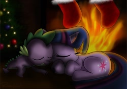 Size: 1012x713 | Tagged: safe, artist:psychoanalytic, derpibooru import, spike, twilight sparkle, dragon, fireplace, sleeping