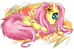 Size: 900x589 | Tagged: safe, artist:xwhitex77, fluttershy, pegasus, pony, female, flower, flower in hair, mare, prone, solo, stars