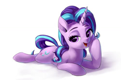 Size: 1224x814 | Tagged: safe, artist:luciferamon, starlight glimmer, pony, unicorn, cute, female, glimmerbetes, hoof on cheek, lidded eyes, looking at you, lying down, mare, open mouth, open smile, prone, simple background, smiling, smiling at you, solo, white background
