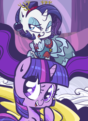 Size: 1280x1760 | Tagged: dead source, safe, artist:tess, derpibooru import, rarity, twilight sparkle, pony, unicorn, alternate hairstyle, clothes, dress