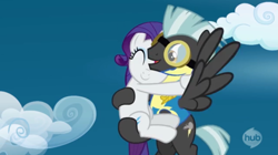 Size: 1413x793 | Tagged: safe, screencap, rarity, thunderlane, pegasus, pony, unicorn, wonderbolts academy, carrying, cloud, duo, eyes closed, female, flying, hub logo, hug, lead pony badge, male, mare, sky, smiling, stallion